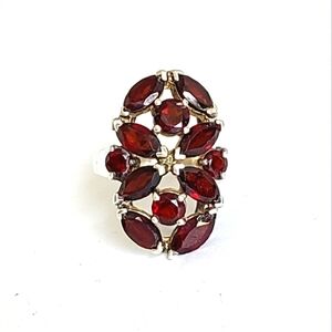 Vintage Boho Sterling Silver Red Garnet Crystal Cluster Flower Statement Ring